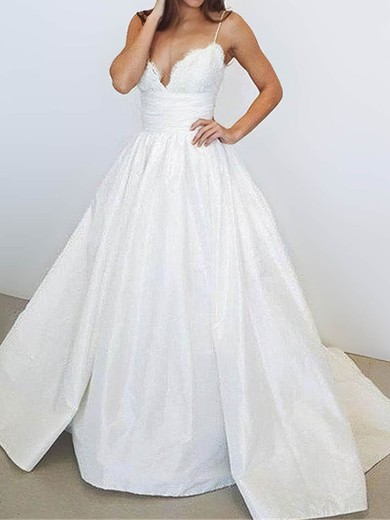 Ball Gown/Princess V-neck Satin Court Train Wedding Dresses With Appliques Lace #UKM00023956