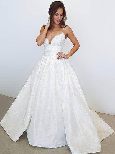 Satin V-neck Ball Gown Court Train Lace Wedding Dresses #UKM00023956