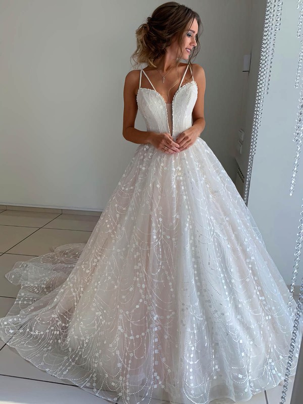 Ball Gown V Neck Glitter Court Train Wedding Dresses With Appliques Lace Millybridal 0803