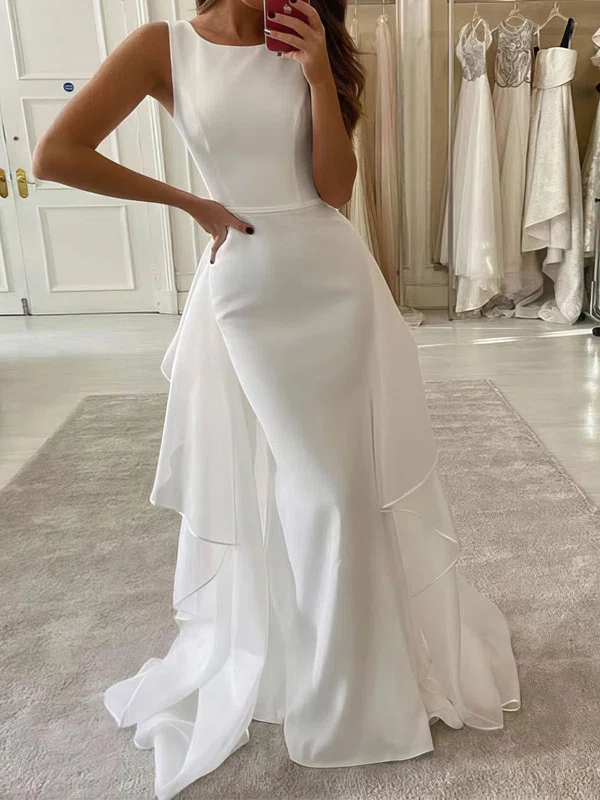 Chiffon Stretch Crepe Square Neckline Trumpet/Mermaid Sweep Train Cascading Ruffles Wedding Dresses #UKM00023959