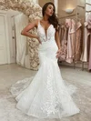 Tulle V-neck Trumpet/Mermaid Court Train Appliques Lace Wedding Dresses #UKM00023960