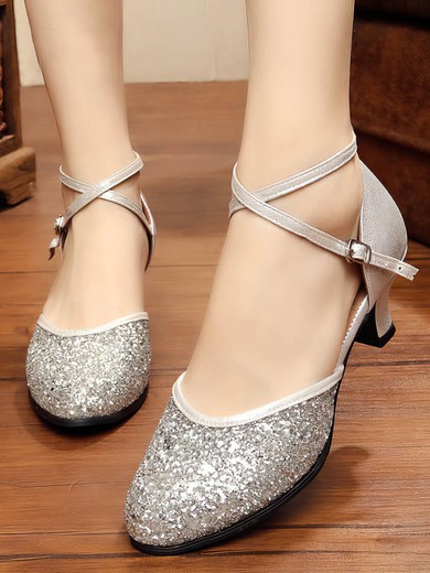 Women's Closed Toe Sparkling Glitter Buckle Kitten Heel Dance Shoes #UKM03031065