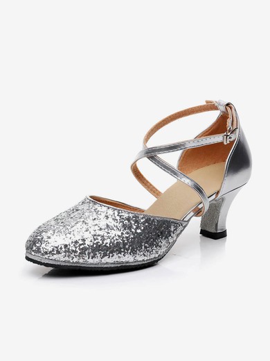 Women's Closed Toe Sparkling Glitter Sequin Kitten Heel Dance Shoes #UKM03031235