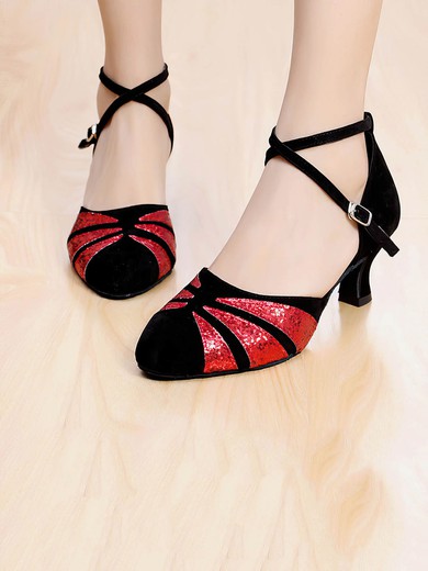 Women's Closed Toe Velvet Sequin Kitten Heel Dance Shoes #UKM03031240