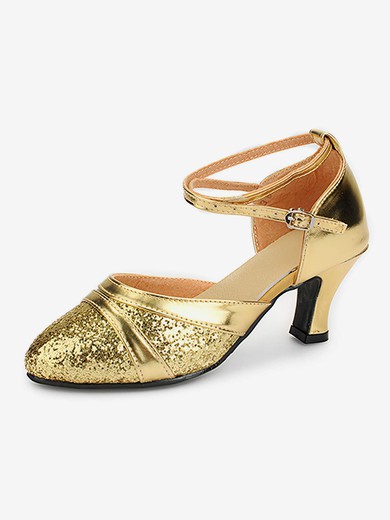 Women's Closed Toe Sparkling Glitter Buckle Kitten Heel Dance Shoes #UKM03031244