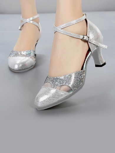 Women's Closed Toe PVC Sequin Kitten Heel Dance Shoes #UKM03031248