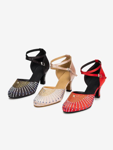 Women's Closed Toe Satin Crystal Kitten Heel Dance Shoes #UKM03031269