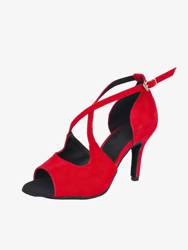 Women's Peep Toe Velvet Buckle Kitten Heel Dance Shoes #UKM03031283
