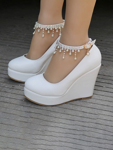 Women's Closed Toe PVC Buckle Wedge Heel Wedding Shoes #UKM03031137