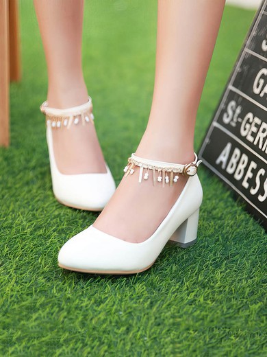 Women's Closed Toe Patent Leather Buckle Chunky Heel Wedding Shoes #UKM03031155