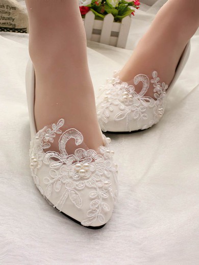 Women's Pumps Leatherette Imitation Pearl Flat Heel Wedding Shoes #UKM03031174