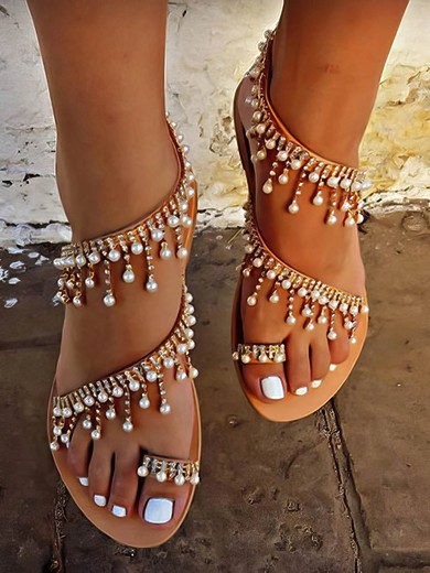 Women's Sandals Leatherette Imitation Pearl Flat Heel Wedding Shoes #UKM03031175