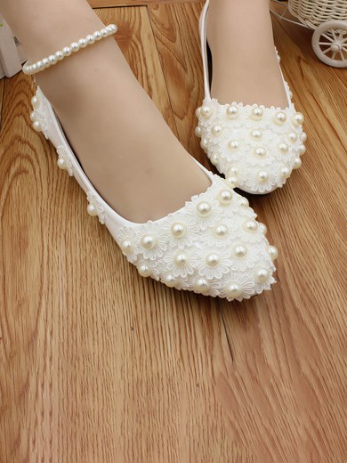 Women's Closed Toe Patent Leather Imitation Pearl Flat Heel Wedding Shoes #UKM03031178