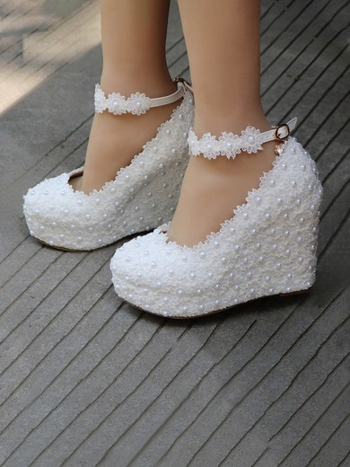 Women's Closed Toe Leatherette Buckle Wedge Heel Wedding Shoes #UKM03031182