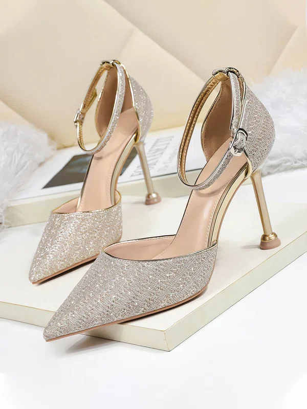 Women's Closed Toe Sparkling Glitter Buckle Stiletto Heel Wedding Shoes #UKM03031359