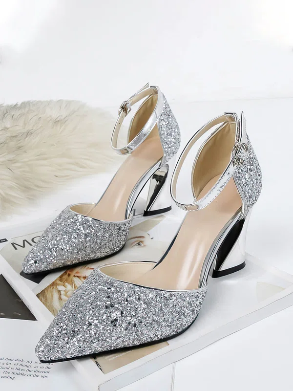 Women's Closed Toe Sparkling Glitter Buckle Chunky Heel Wedding Shoes #UKM03031360