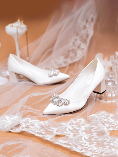 Women's Pumps Satin Crystal Chunky Heel Wedding Shoes #UKM03031389