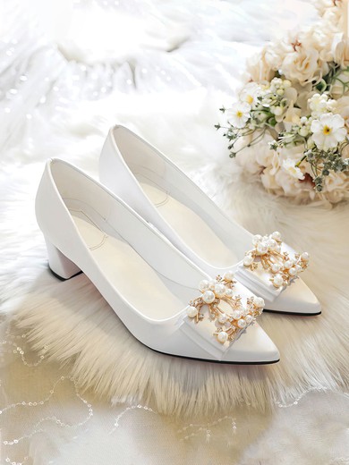 Women's Pumps Satin Pearl Chunky Heel Wedding Shoes #UKM03031390