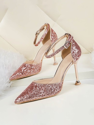 Women's Closed Toe Sparkling Glitter Buckle Stiletto Heel Wedding Shoes #UKM03031396