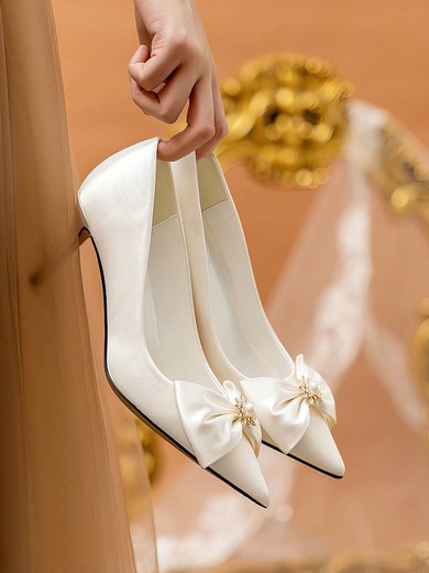 Women's Pumps Silk Bowknot Kitten Heel Wedding Shoes #UKM03031399