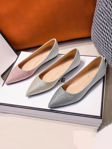 Women's Pumps Sparkling Glitter Sequin Flat Heel Wedding Shoes #UKM03031402