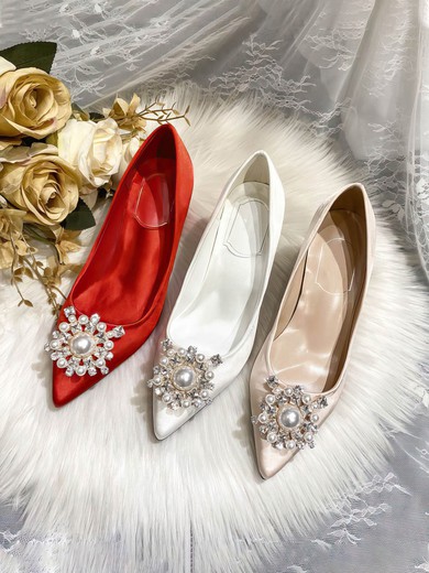 Women's Pumps Satin Crystal Chunky Heel Wedding Shoes #UKM03031412
