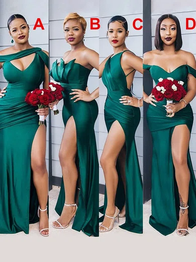 Silk-like Satin Off-the-shoulder Trumpet/Mermaid Sweep Train Split Front Bridesmaid Dresses #UKM01013932
