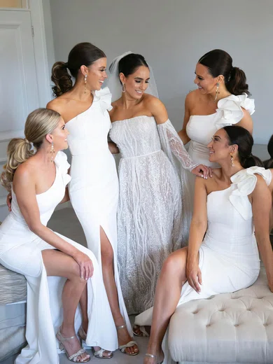 Silk-like Satin One Shoulder Trumpet/Mermaid Floor-length Split Front Bridesmaid Dresses #UKM01013944