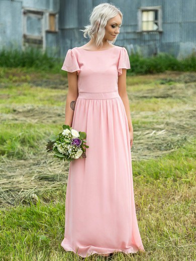 Chiffon Scoop Neck A-line Sweep Train Bridesmaid Dresses #UKM01013958