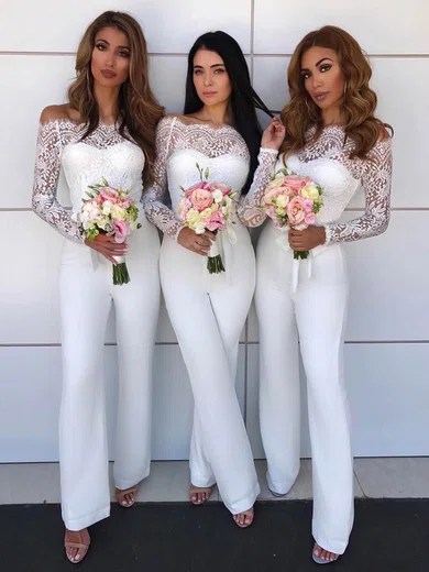 Sheath/Column Off-the-shoulder Lace Stretch Crepe Floor-length Bridesmaid Dresses #UKM01013973