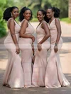 Silk-like Satin V-neck Trumpet/Mermaid Sweep Train Split Front Bridesmaid Dresses #UKM01013977