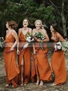 Silk-like Satin V-neck A-line Sweep Train Split Front Bridesmaid Dresses #UKM01013980