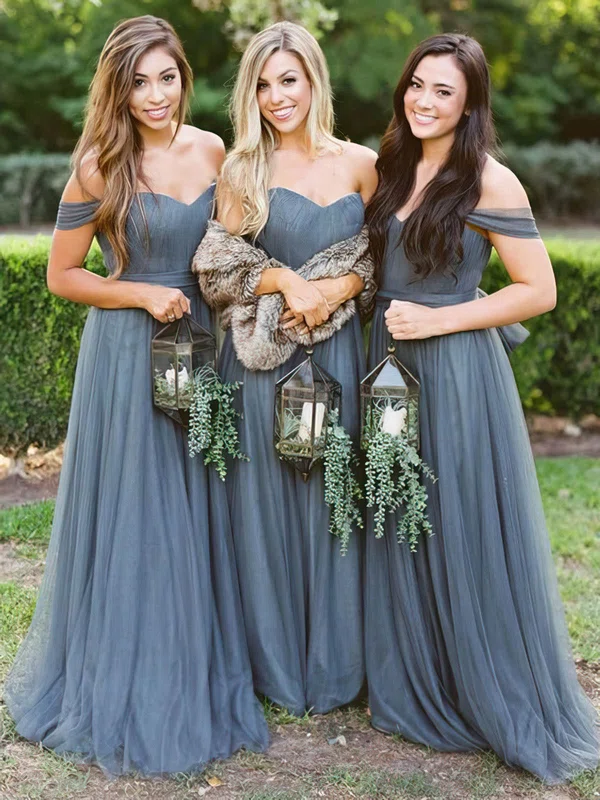Tulle Off-the-shoulder A-line Sweep Train Bow Bridesmaid Dresses #UKM01013991