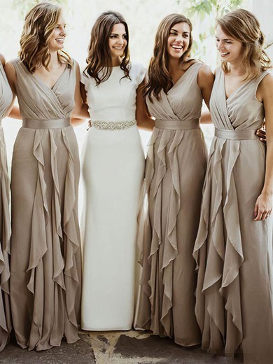 Chiffon V-neck A-line Floor-length Cascading Ruffles Bridesmaid Dresses #UKM01013996