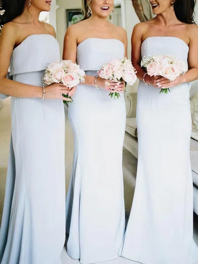 Silk-like Satin Strapless Sheath/Column Sweep Train Bow Bridesmaid Dresses #UKM01014003