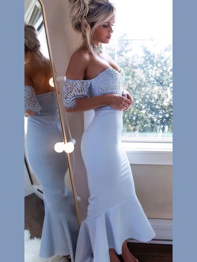 Satin Off-the-shoulder Trumpet/Mermaid Ankle-length Appliques Lace Bridesmaid Dresses #UKM01014010