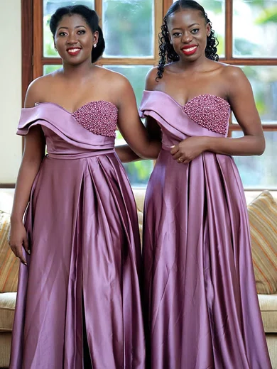 Satin Off-the-shoulder A-line Sweep Train Split Front Bridesmaid Dresses #UKM01014018