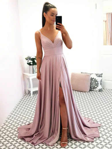 Silk-like Satin V-neck A-line Sweep Train Split Front Bridesmaid Dresses #UKM01014028