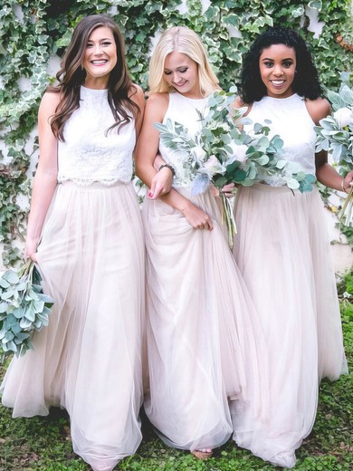 Lace Tulle Scoop Neck A-line Sweep Train Bridesmaid Dresses #UKM01014040