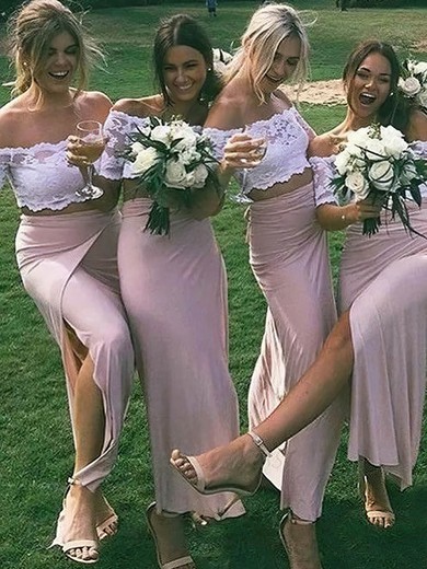 Lace Silk-like Satin Off-the-shoulder Trumpet/Mermaid Ankle-length Split Front Bridesmaid Dresses #UKM01014041