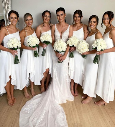 Silk-like Satin Square Neckline A-line Asymmetrical Bridesmaid Dresses #UKM01014042