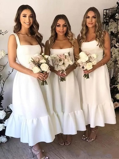 Satin Square Neckline A-line Tea-length Bridesmaid Dresses #UKM01014043