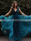 Tulle V-neck A-line Floor-length Bow Bridesmaid Dresses #UKM01014051