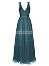 Tulle V-neck A-line Floor-length Bow Bridesmaid Dresses #UKM01014051