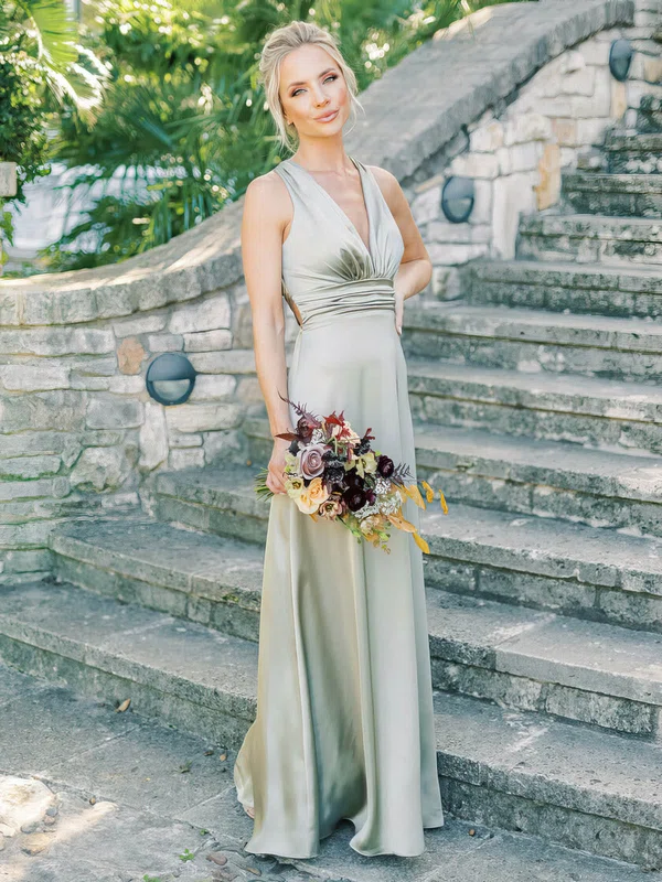 A-line V-neck Satin Floor-length Bridesmaid Dresses #UKM01014075