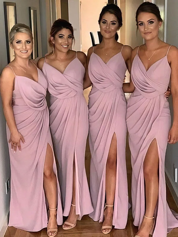 Satin V-neck A-line Floor-length Ruffles Bridesmaid Dresses #UKM01014078