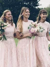 Lace Scoop Neck A-line Sweep Train Bridesmaid Dresses #UKM01014085