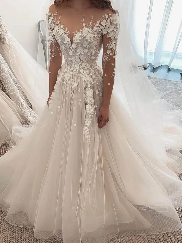 Ball Gown Illusion Tulle Sweep Train Wedding Dresses With Appliques Lace #UKM00023968