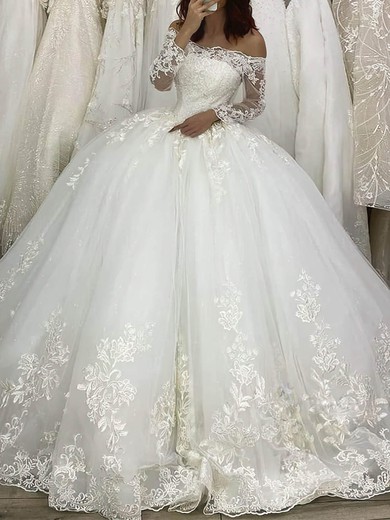 Ball Gown/Princess Off-the-shoulder Tulle Court Train Wedding Dresses With Appliques Lace #UKM00023971