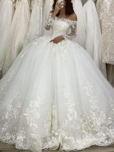 Tulle Off-the-shoulder Princess Court Train Appliques Lace Wedding Dresses #UKM00023971
